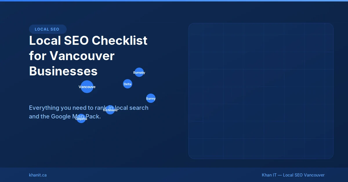 Local SEO checklist on a clipboard with Vancouver skyline in background